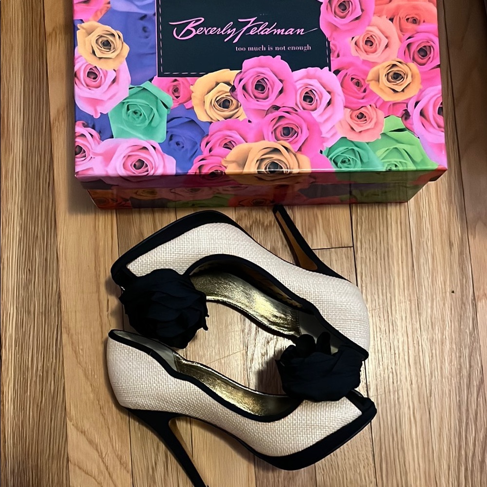 Beverly Feldman Cream and Black Floral Heels